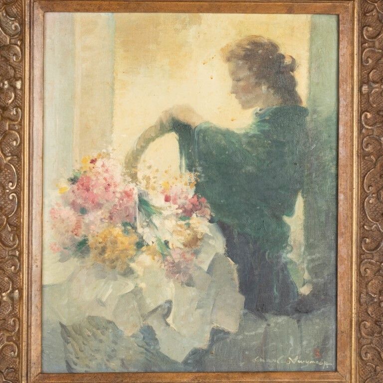 Signed Oil Painting On Canvas Depicting A Woman With Flower Basket photo furniture