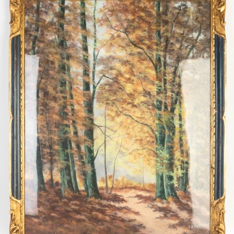 Autumn Wooded Landscape Pastel Painting Signed A Derzelle photo furniture