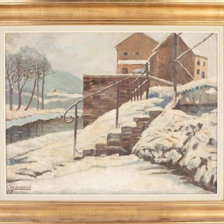 Winter Scene Oil Painting On Canvas Signed J Dupont Early 20th Century photo furniture