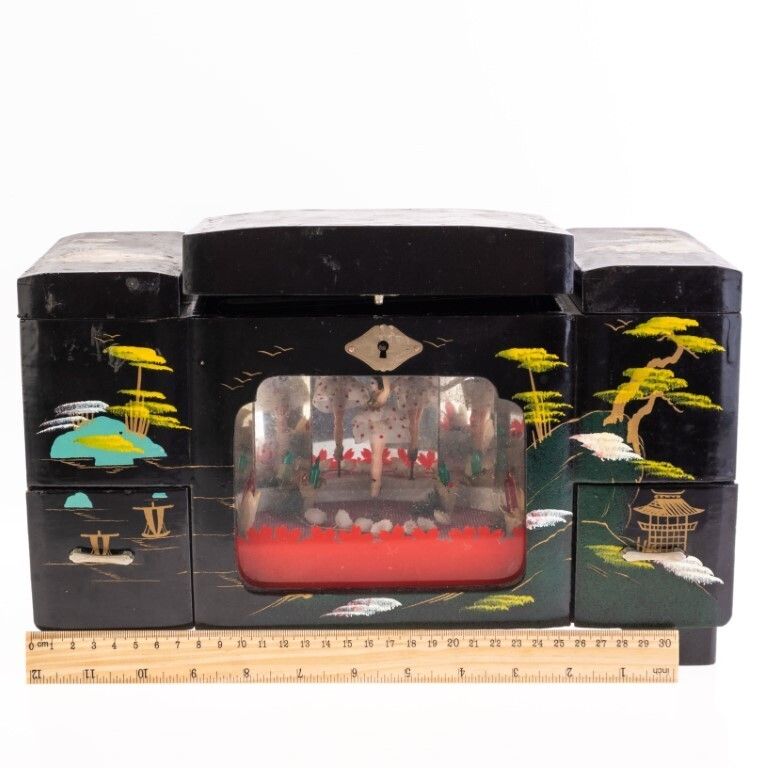 Hand Painted Japanese Lacquer Ballerina Jewellery Musical Box photo for sale