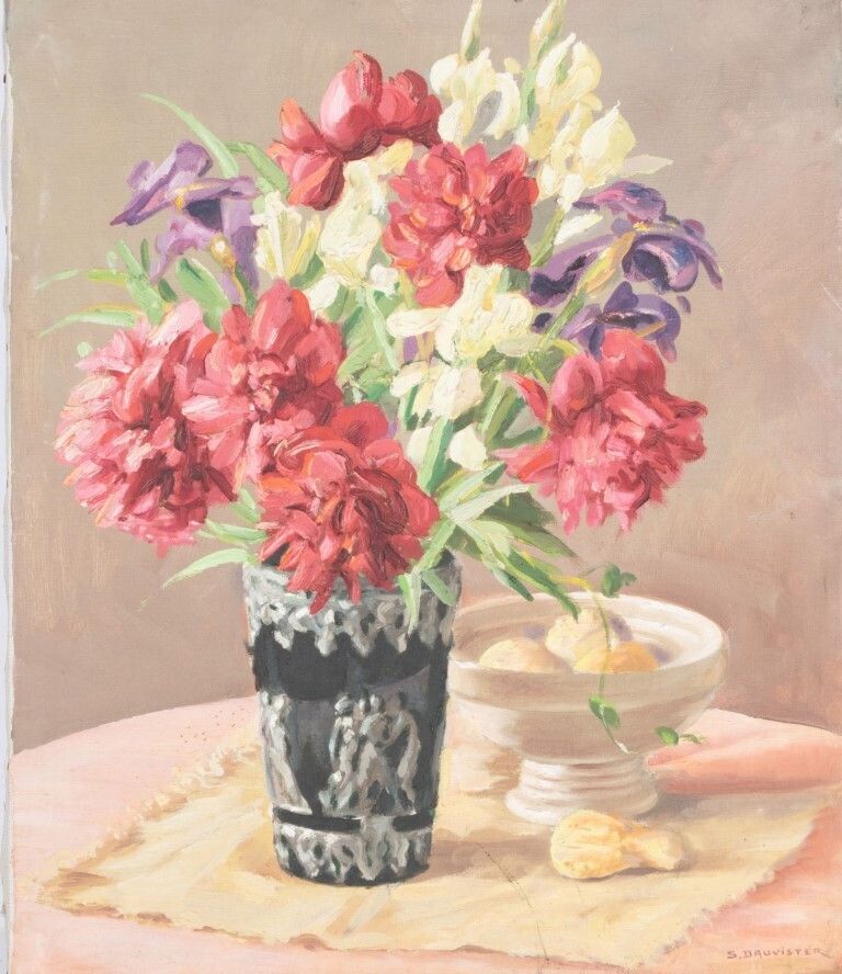 French Still Life Flowers Oil Painting On Canvas Signed S. Dauvister