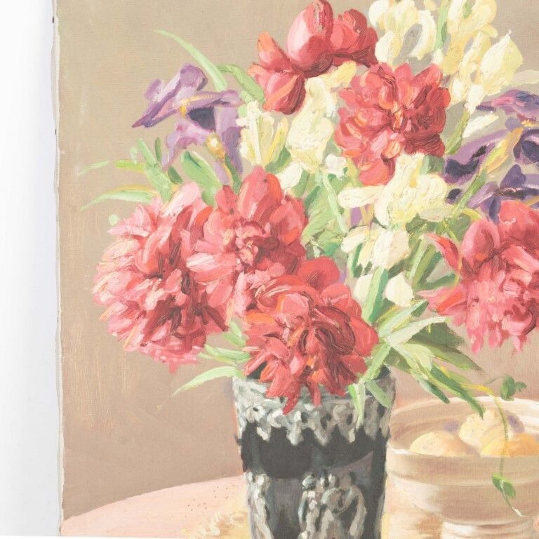 French Still Life Flowers Oil Painting On Canvas Signed S. Dauvister photo furniture