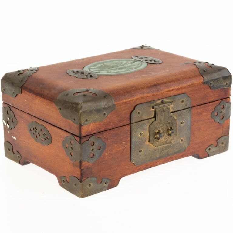 Antique Chinese Brass Mounted Wood & Jade Jewellery Box