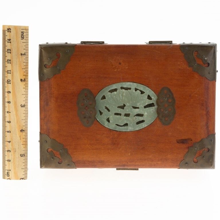 Antique Chinese Brass Mounted Wood & Jade Jewellery Box photo for sale