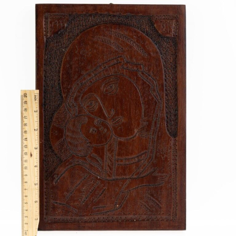 Folk Art Religious Madonna & Child Wooden Icon Carving photo for sale