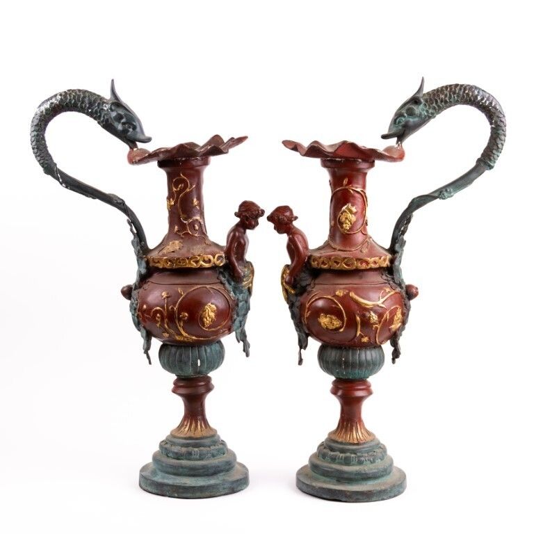 Pair Of Large Antique Bronze Ewers Decorated With Cherubs 19th Century