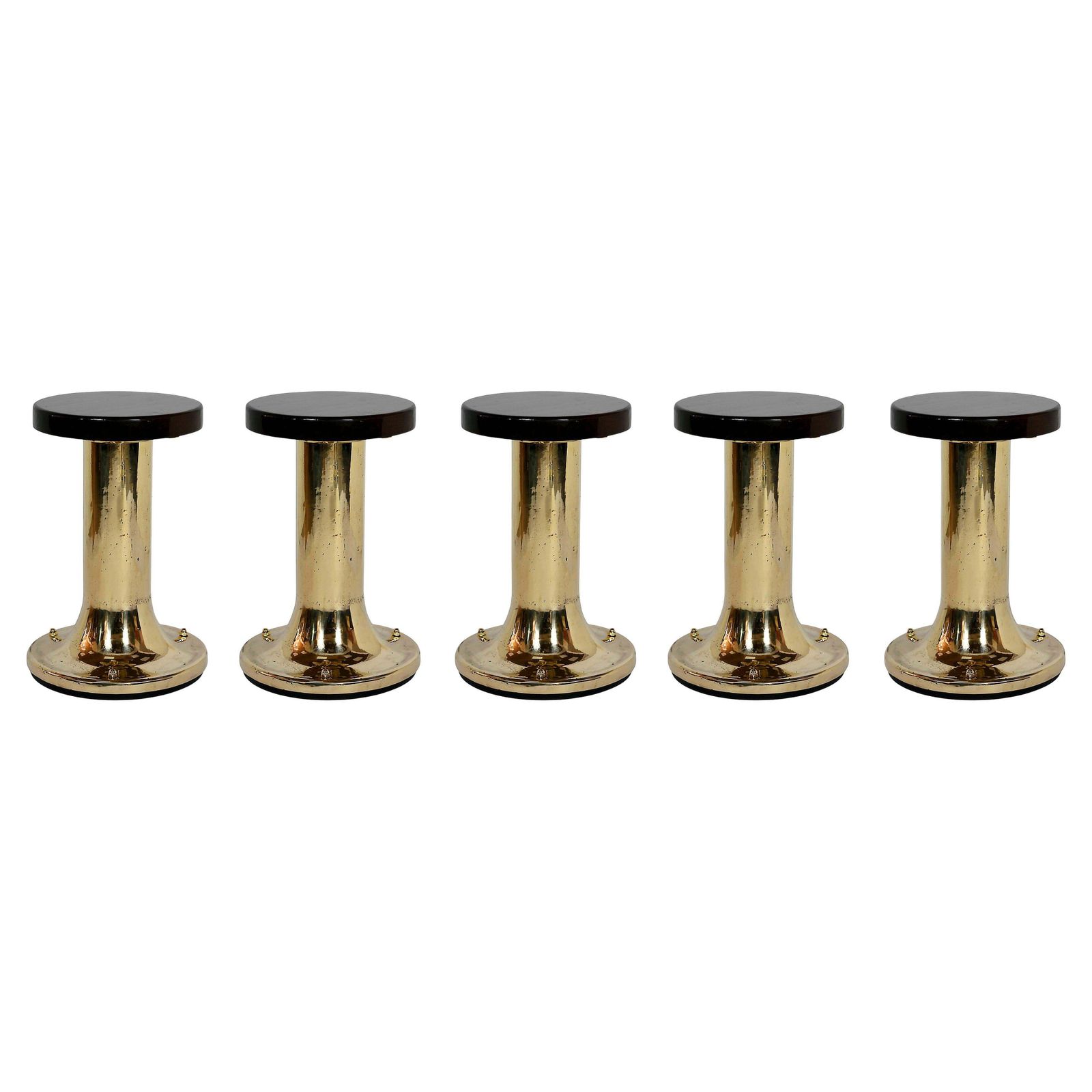 Set Of 5 Pcs. Mid Century Italian Brass And Wood Yacht Low Stools/Chairs