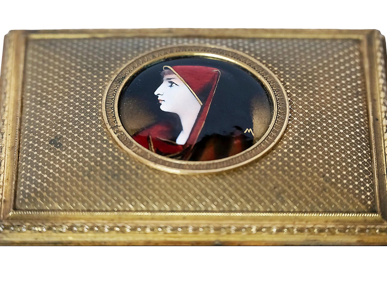 French Gilt Bronze Jewelry Box With Limoges Enamel Portrait Plaque photo for sale