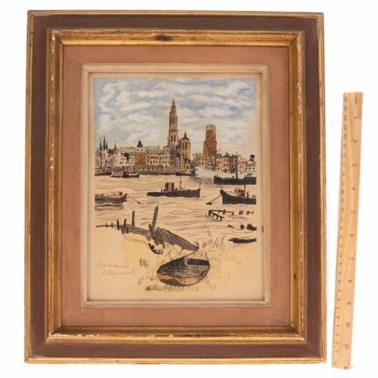 Antique Dutch Canal Scene Watercolour photo for sale