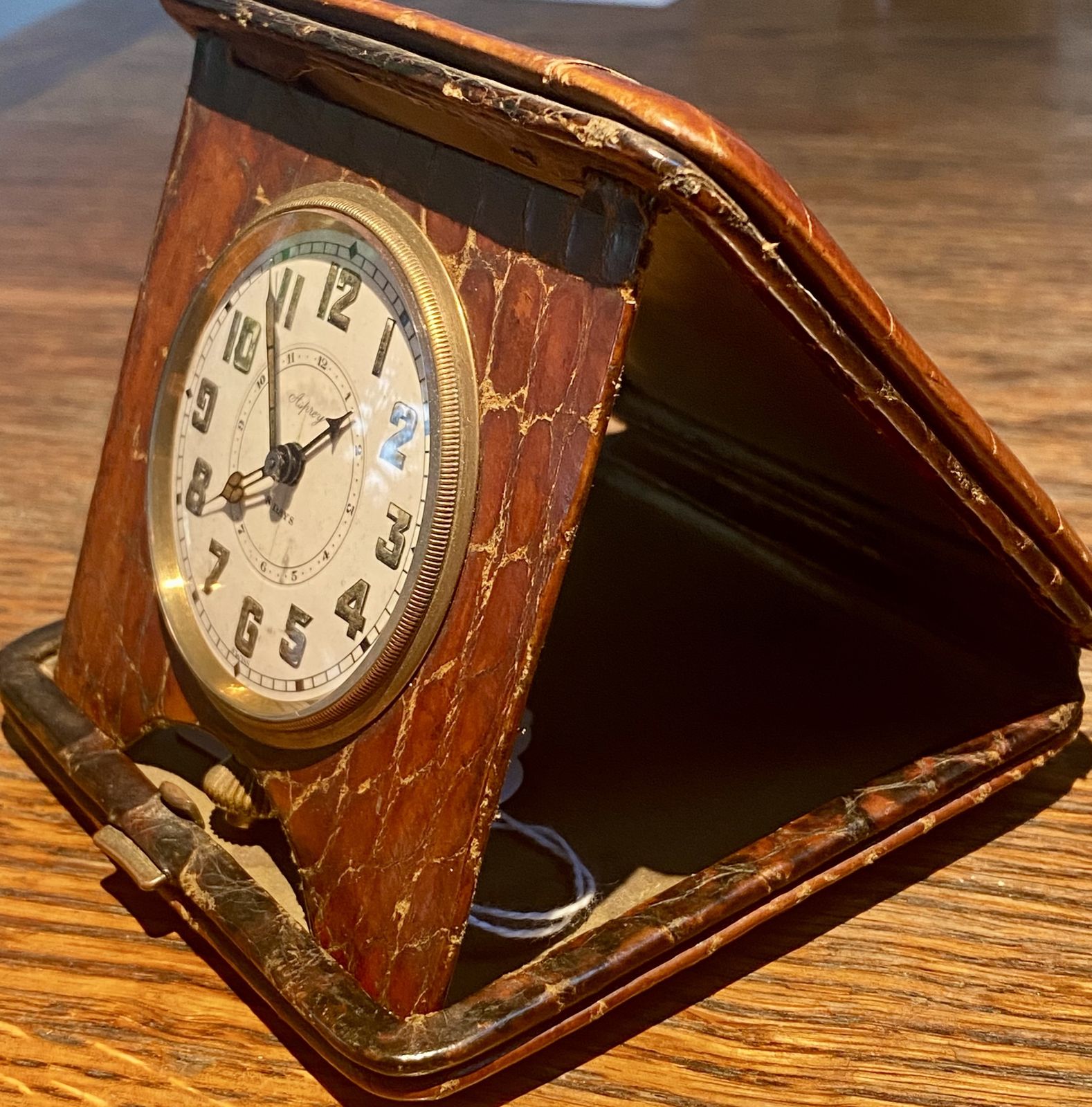 Home Decor Rare Asprey London Antique Crocodile Skin Travel Desk Clock Pocket Watch Art Deco Circa 1930s Traveling Alarm Clock photo
