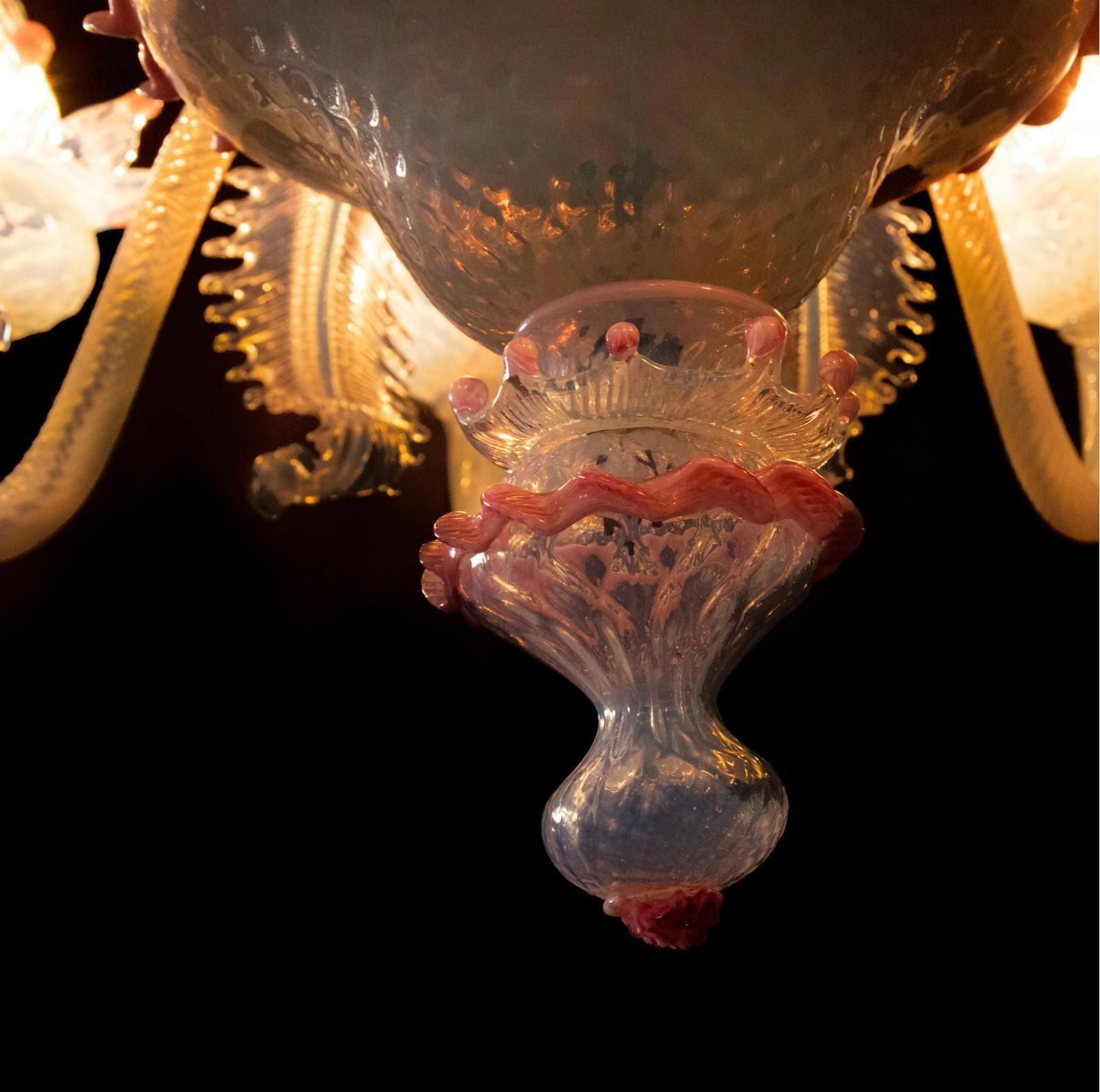 photo buy Stunning Trio Light Blue And Pink Venetian Chandeliers, Murano, 1950s