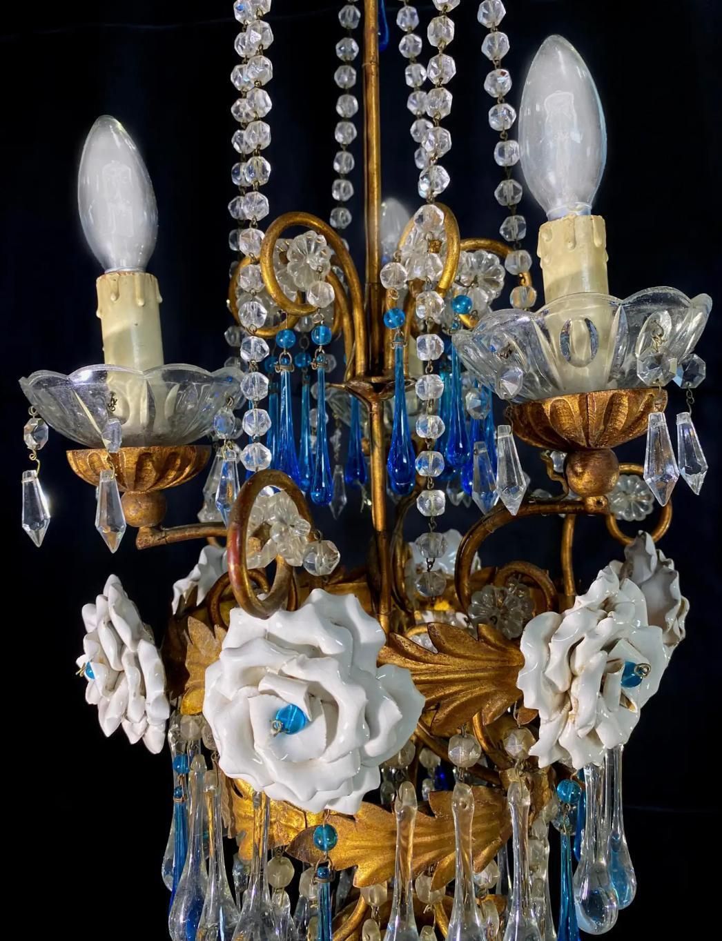 Pair Of Lovely Chandeliers With White Roses And Blue Drops, Murano, 1950s photo Lighting