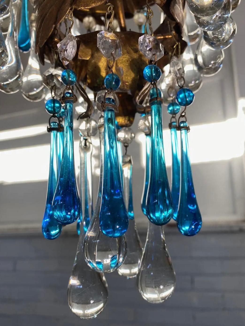 Pair Of Lovely Chandeliers With White Roses And Blue Drops, Murano, 1950s photo vinterior