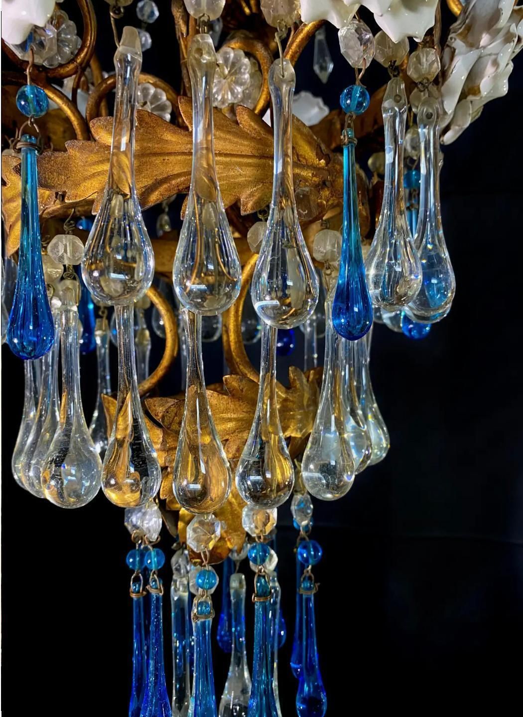 Pair Of Lovely Chandeliers With White Roses And Blue Drops, Murano, 1950s photo vintage