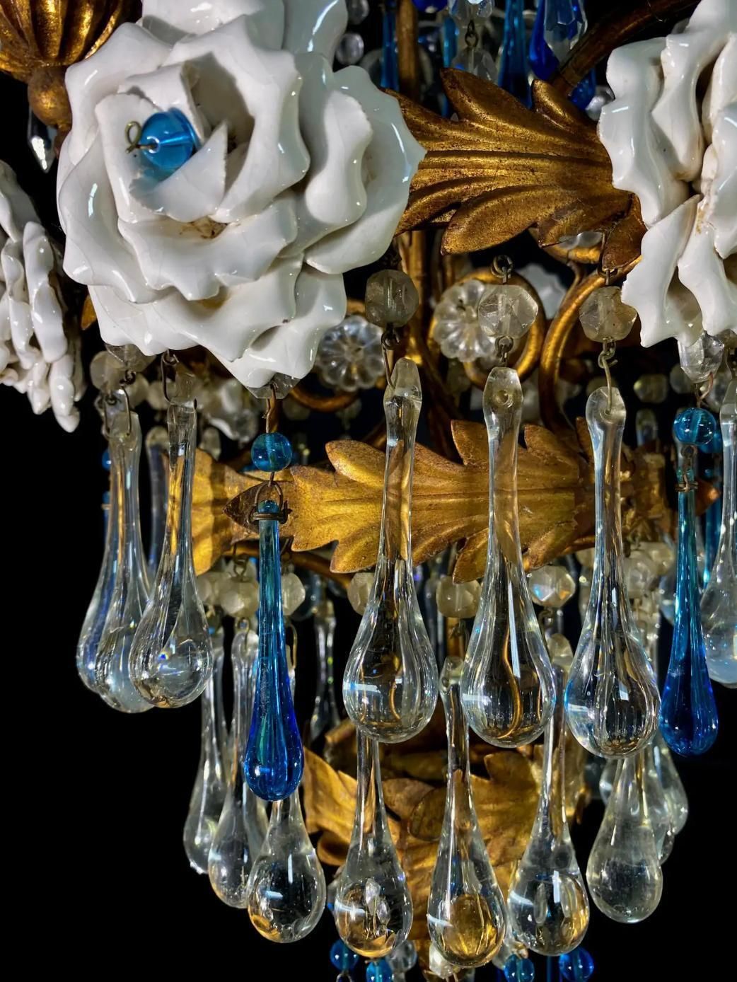photo furniture Pair Of Lovely Chandeliers With White Roses And Blue Drops, Murano, 1950s