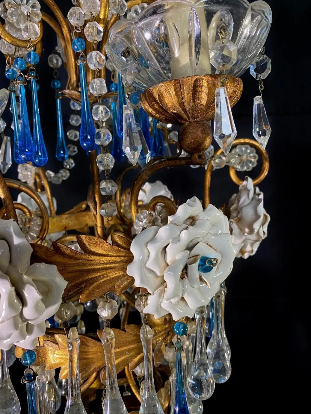 Lighting Pair Of Lovely Chandeliers With White Roses And Blue Drops, Murano, 1950s photo