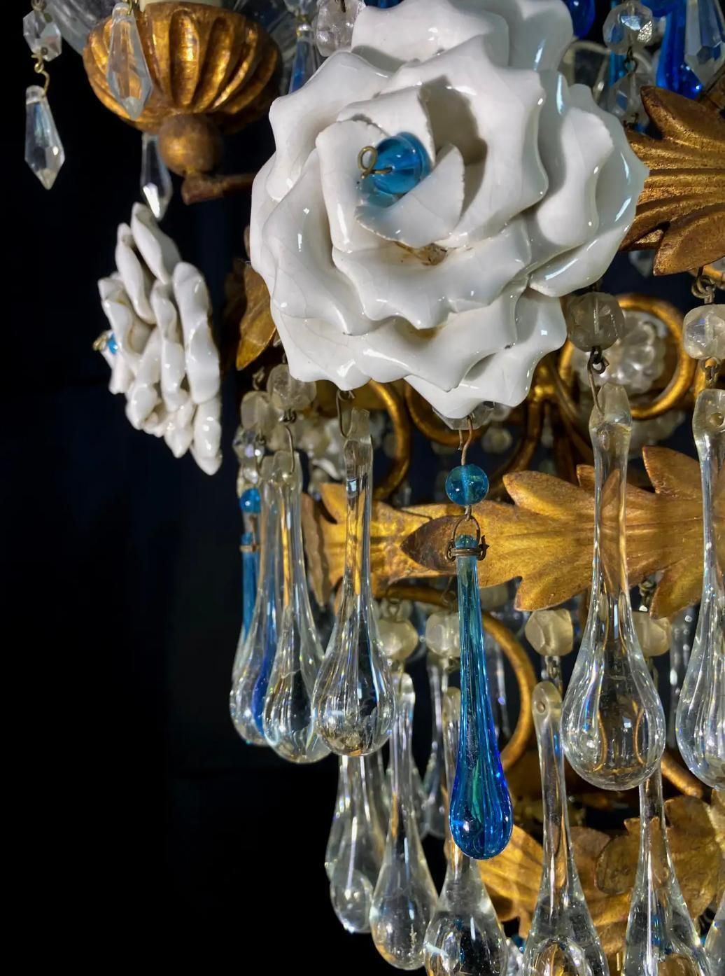 photo vintage Pair Of Lovely Chandeliers With White Roses And Blue Drops, Murano, 1950s