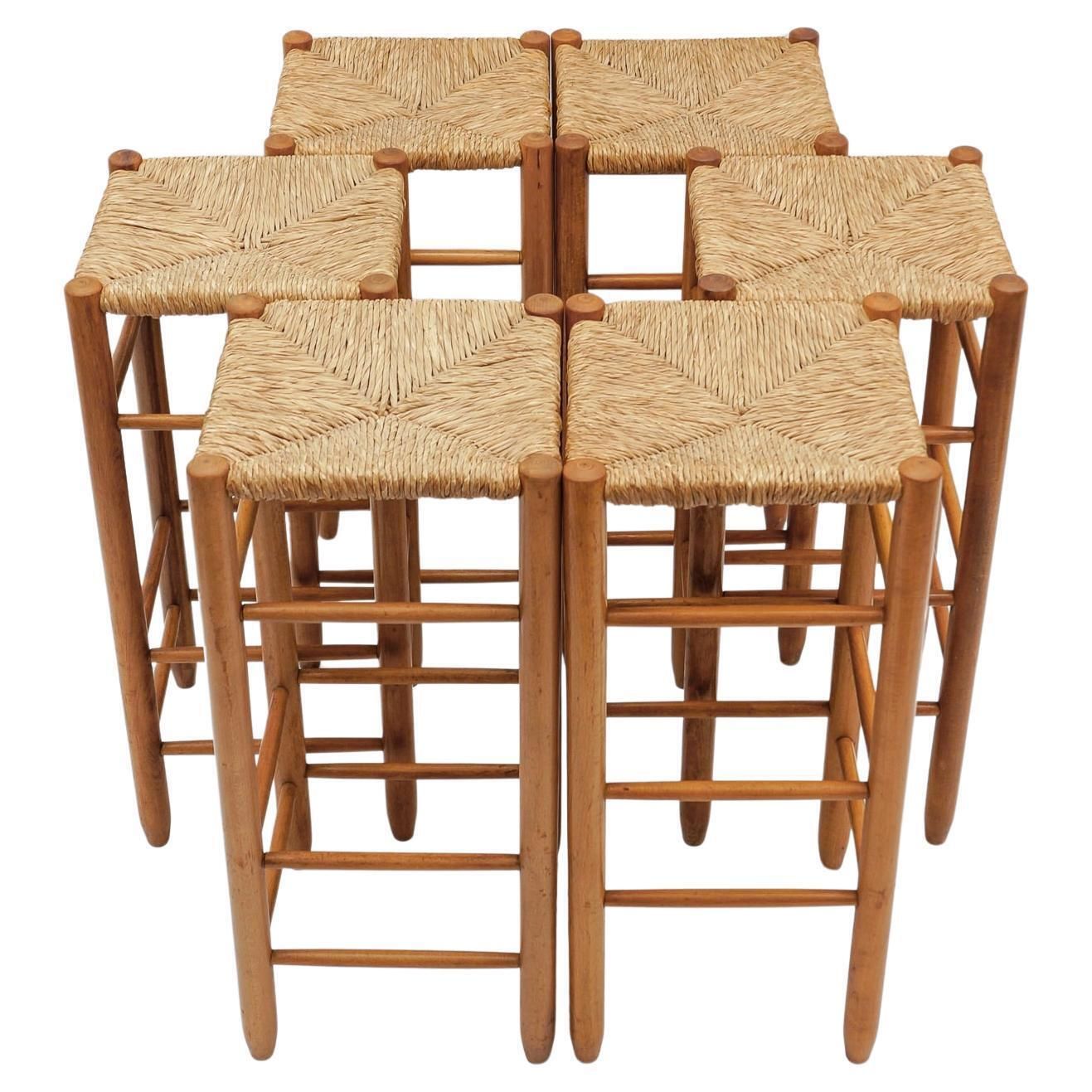 Set Of 6 Mid Century Bar Stools In Wood And Bast, 1960s Italy