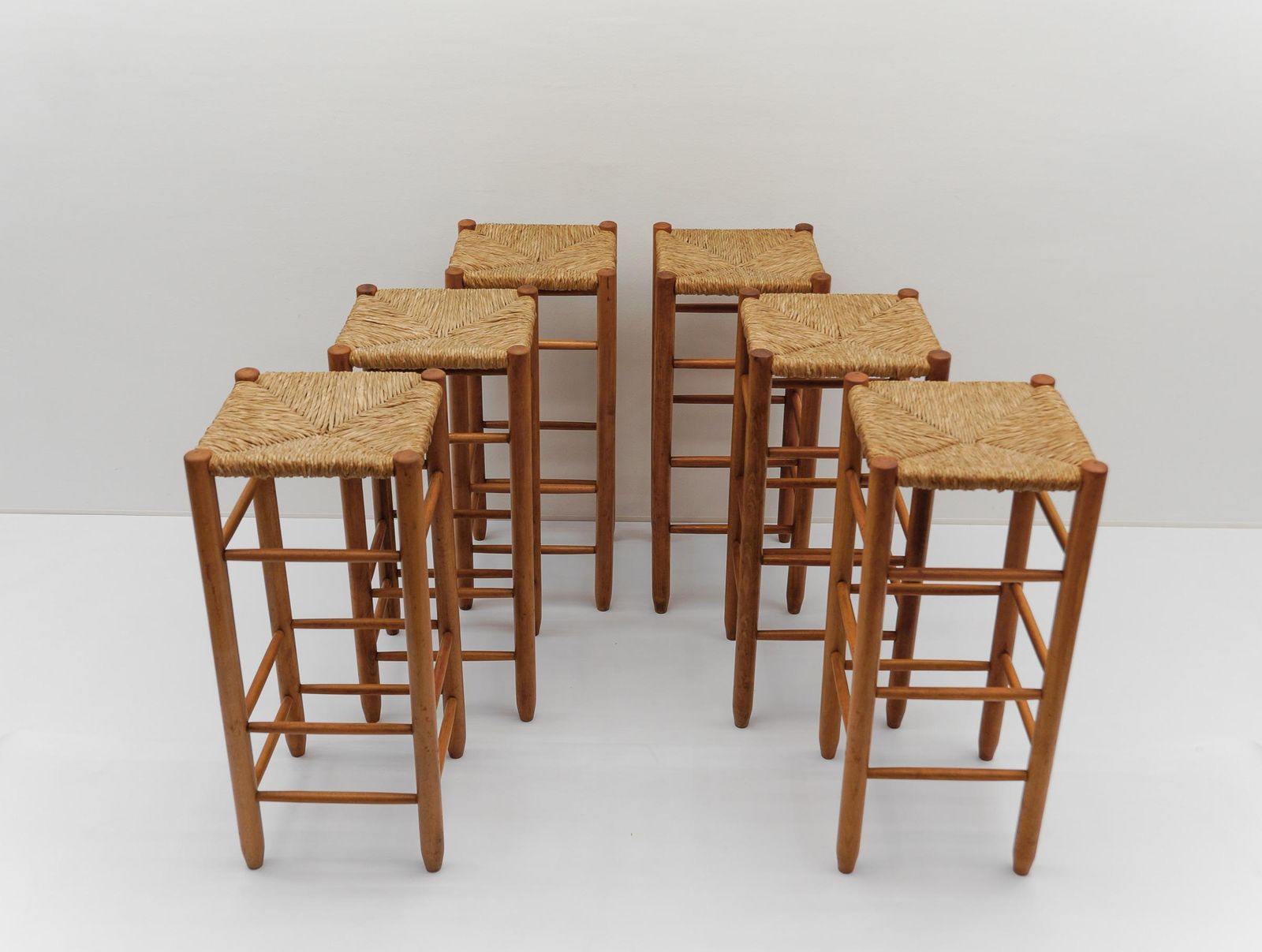 Set Of 6 Mid Century Bar Stools In Wood And Bast, 1960s Italy photo 3274.0