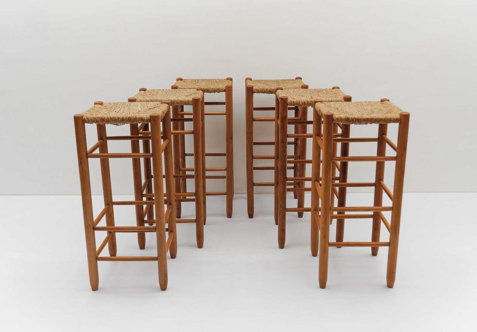 Set Of 6 Mid Century Bar Stools In Wood And Bast, 1960s Italy photo vinterior