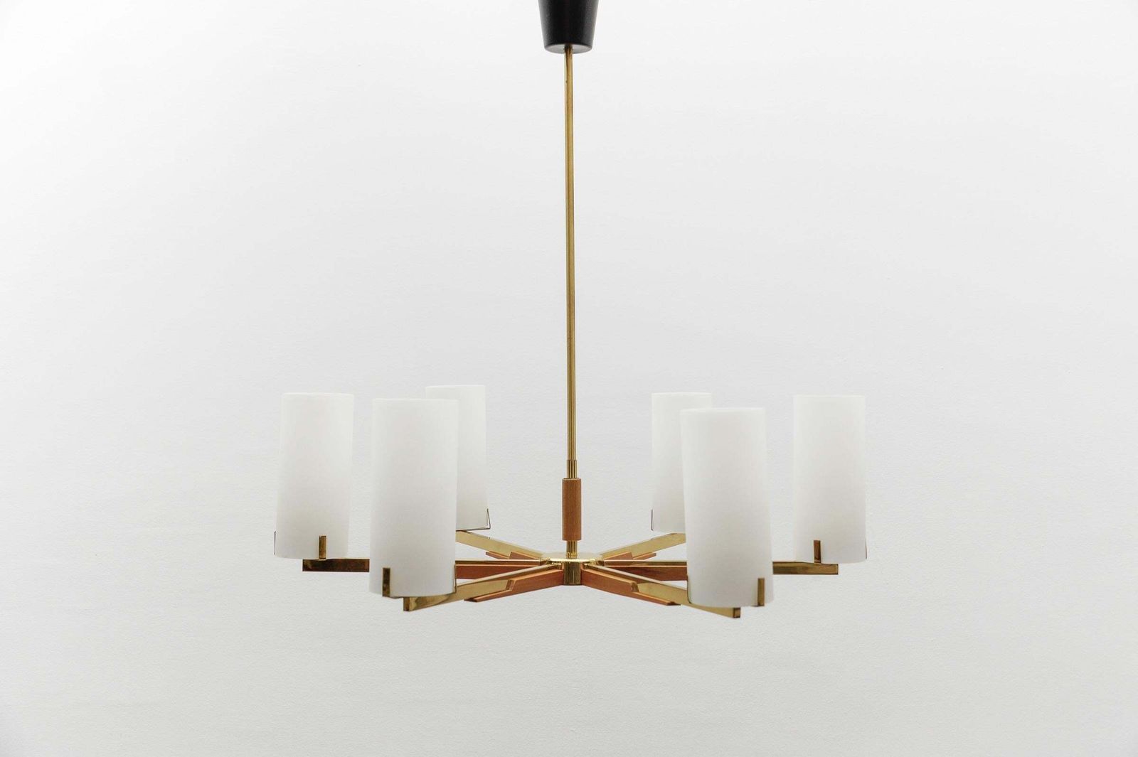 Teak, Brass And Opaline Glass Pendant Lamp By Kaiser Leuchten, 1960s photo furniture