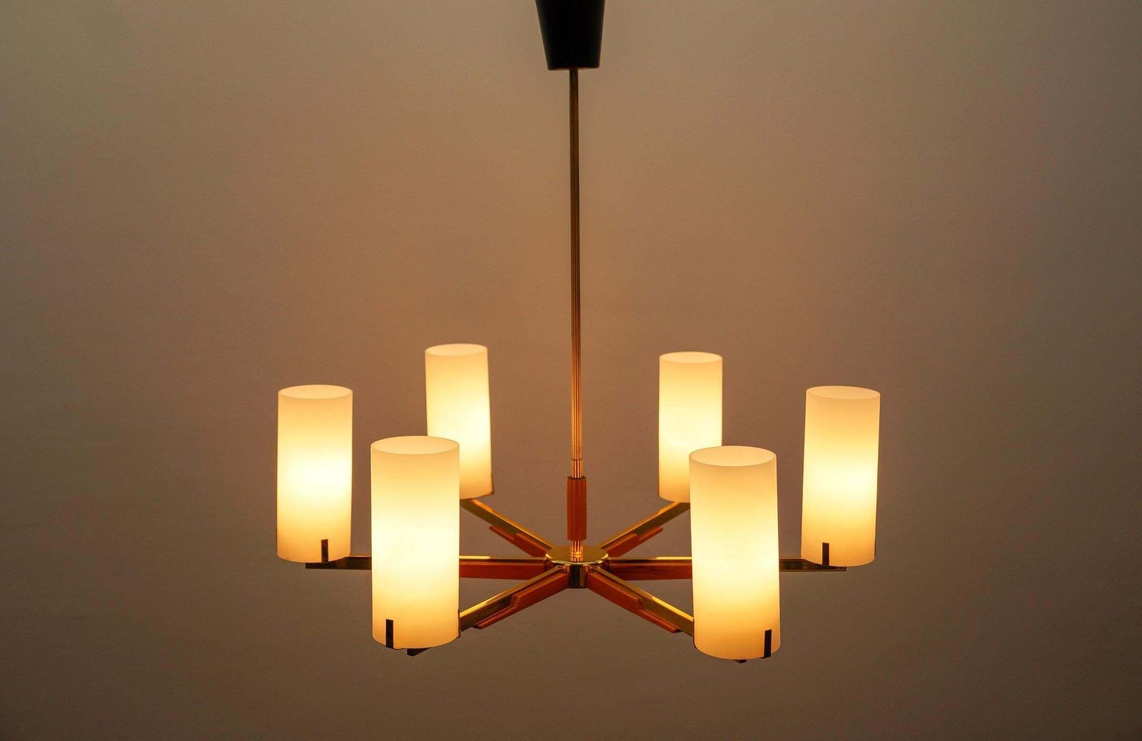 Teak, Brass And Opaline Glass Pendant Lamp By Kaiser Leuchten, 1960s photo buy