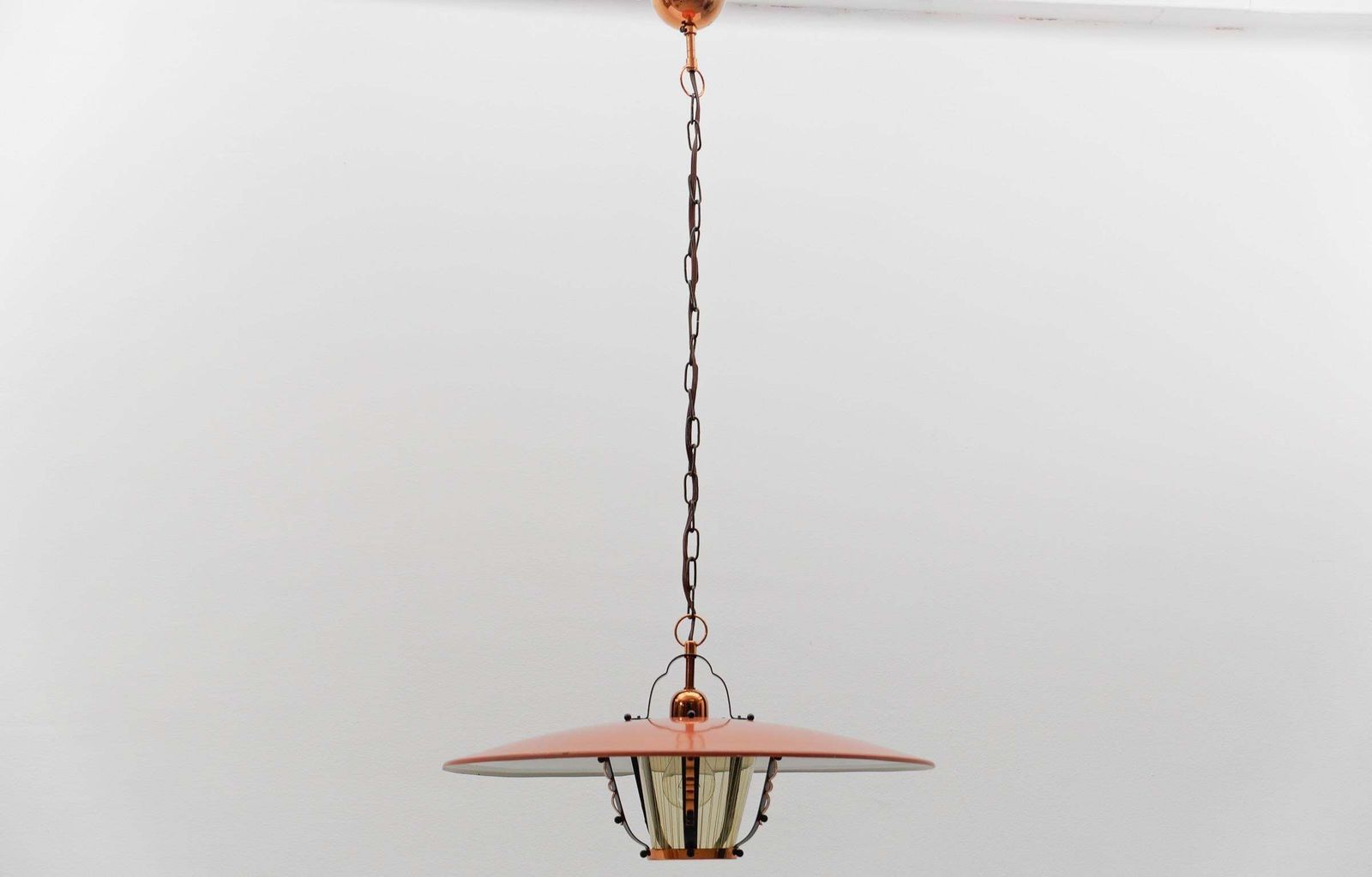 Beautiful Mid Century Modern Hanging Lamp In Glass, Copper And Metal, 1950s photo furniture