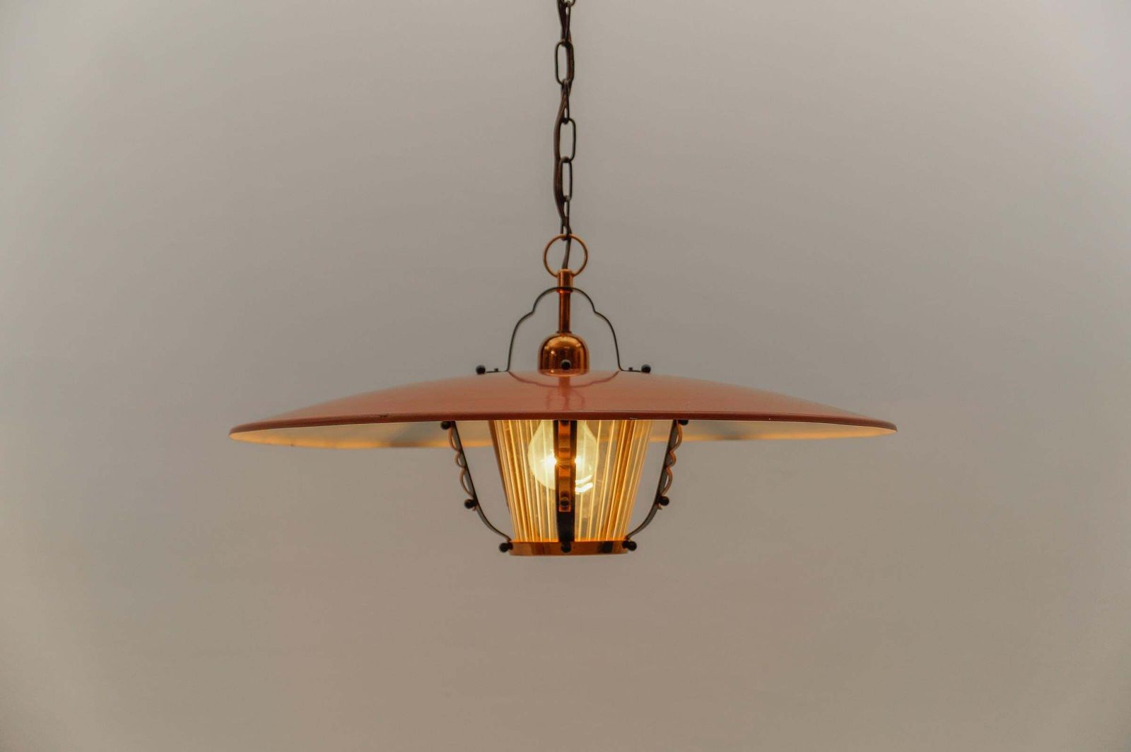 Beautiful Mid Century Modern Hanging Lamp In Glass, Copper And Metal, 1950s photo 1415.0