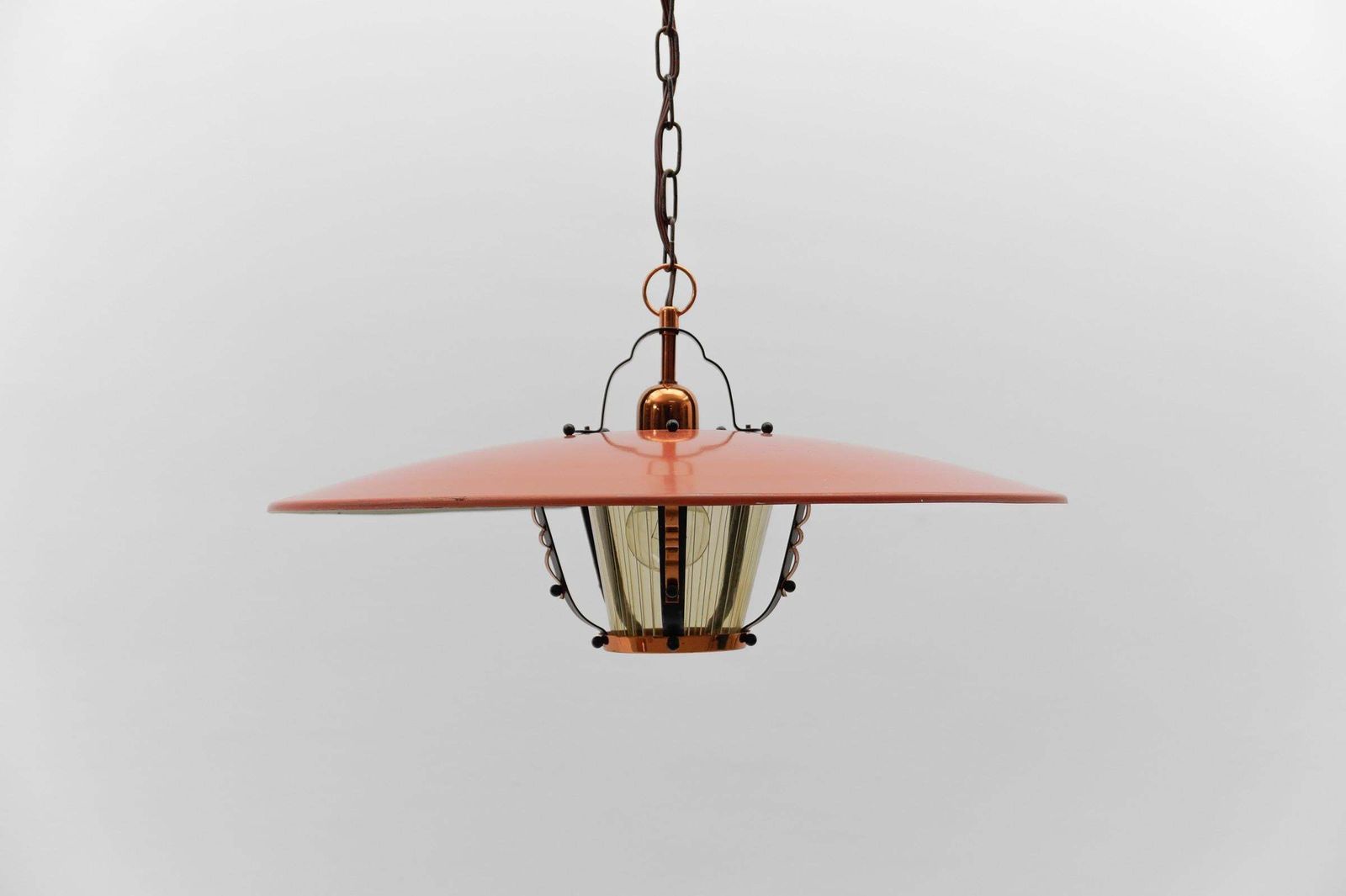 Beautiful Mid Century Modern Hanging Lamp In Glass, Copper And Metal, 1950s photo vinterior