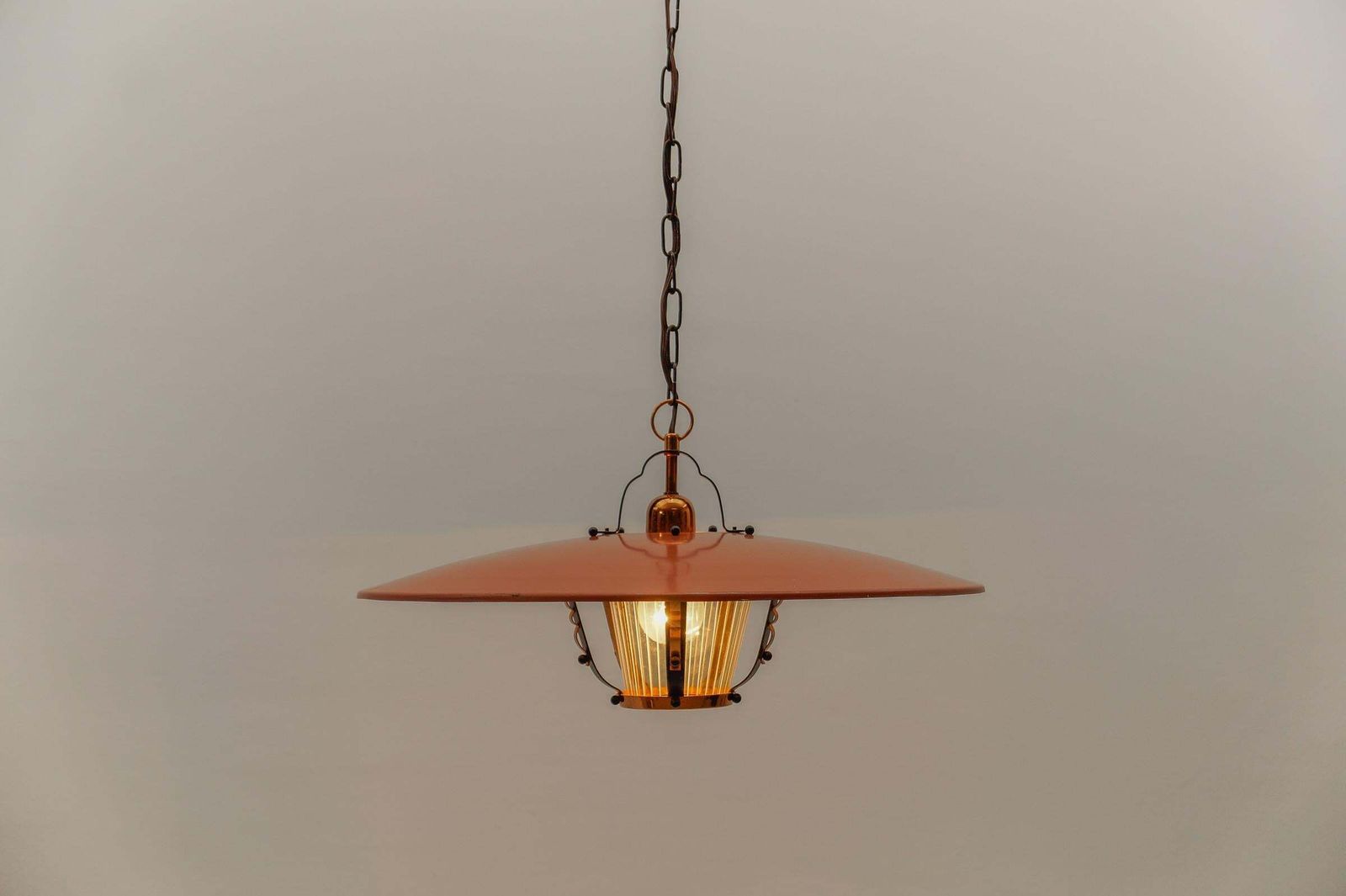 Beautiful Mid Century Modern Hanging Lamp In Glass, Copper And Metal, 1950s photo buy
