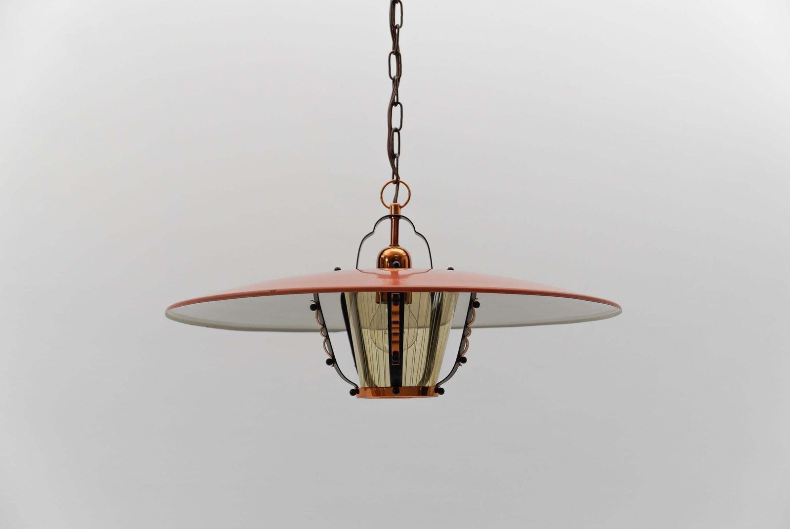Beautiful Mid Century Modern Hanging Lamp In Glass, Copper And Metal, 1950s photo vintage
