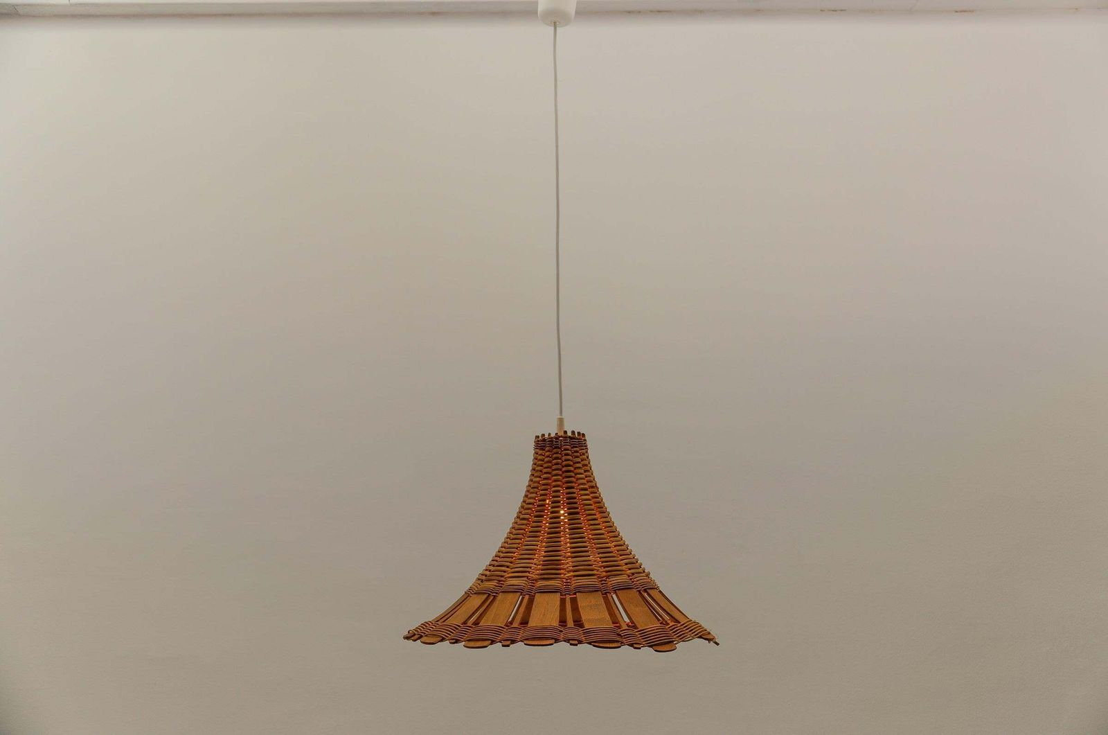 Lovely Mid Century Modern Rattan Wicker And Wood Pendant Lamp, 1960s Italy photo for sale