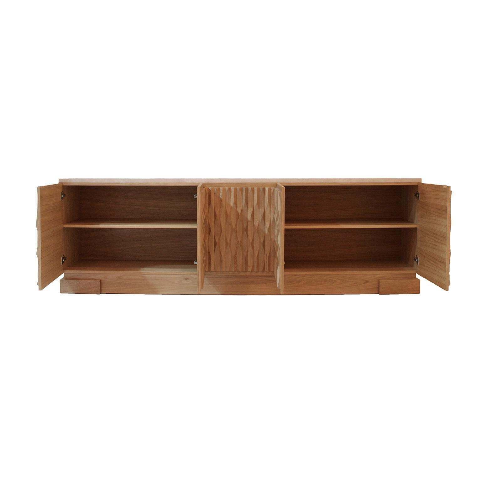 Italian Oak Wood Sideboard With Hand Carved Patterns And Travertine Marble Top photo for sale