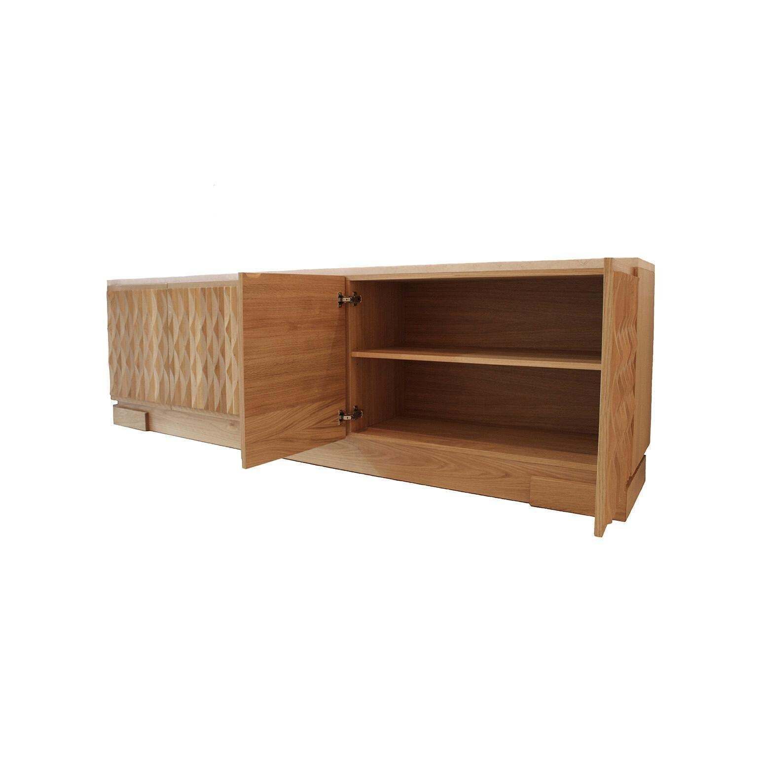 Italian Oak Wood Sideboard With Hand Carved Patterns And Travertine Marble Top photo 9864.0
