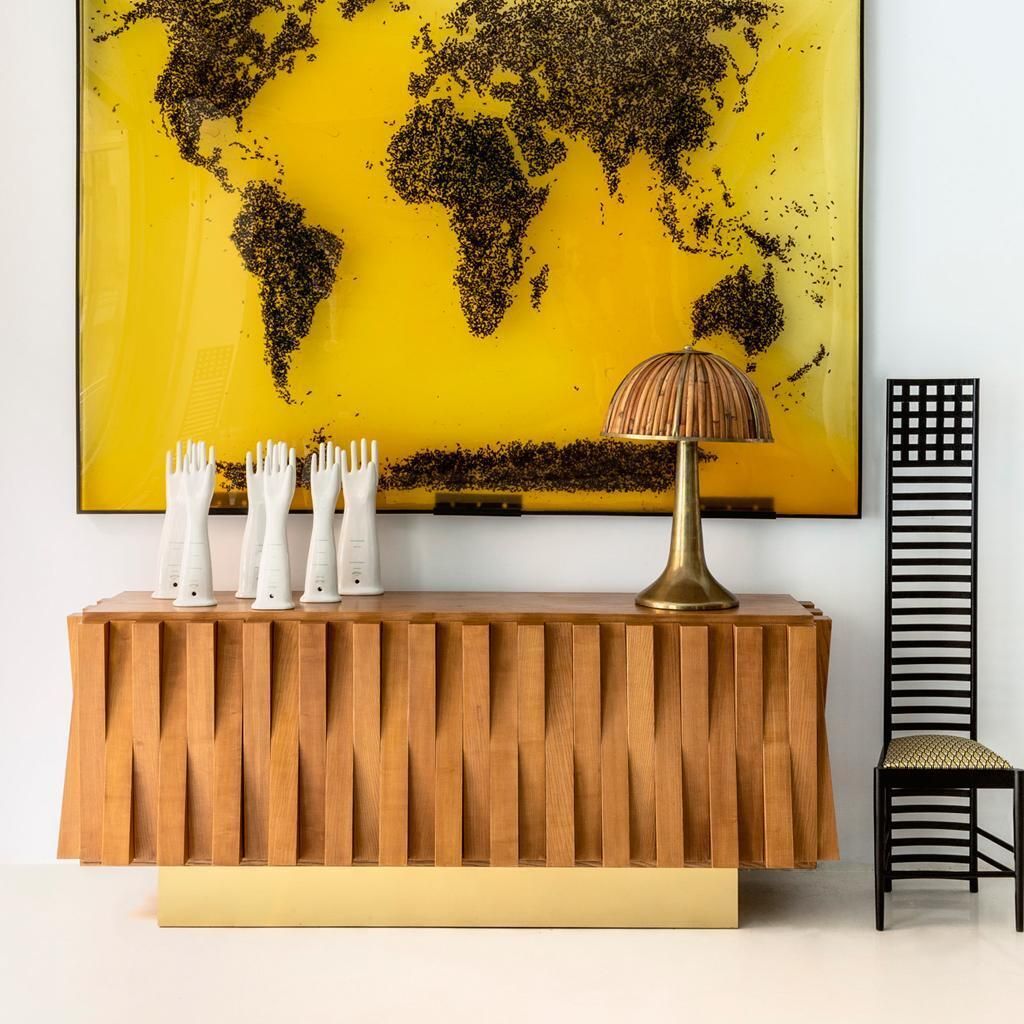 Mid Century Modern Italian Faceted Oakwood And Brass Sideboard By L.A. Studio photo buy