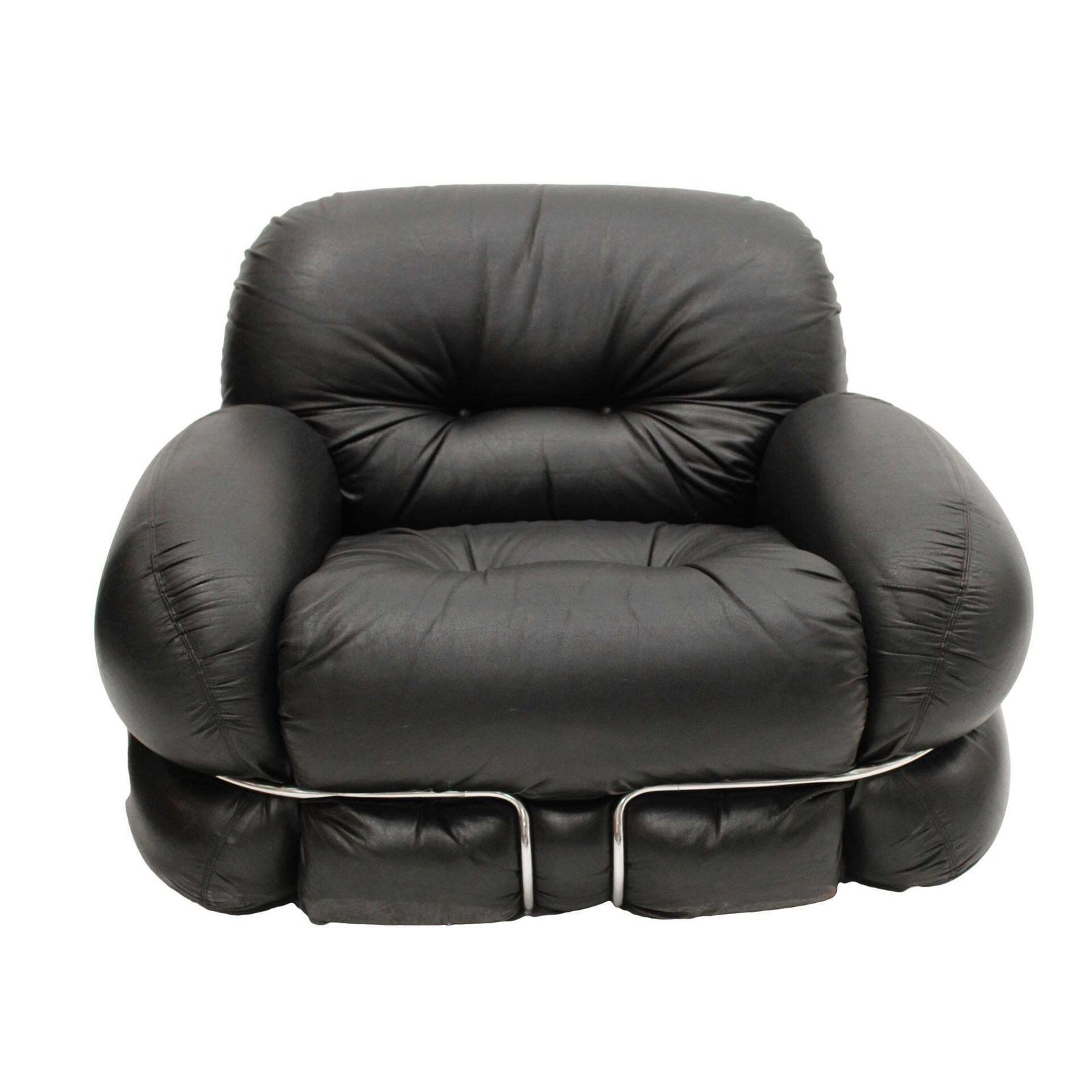 Italian Pair Of Okay Armchairs By Adriano Piazzesi With Black Leather And Steel photo vinterior