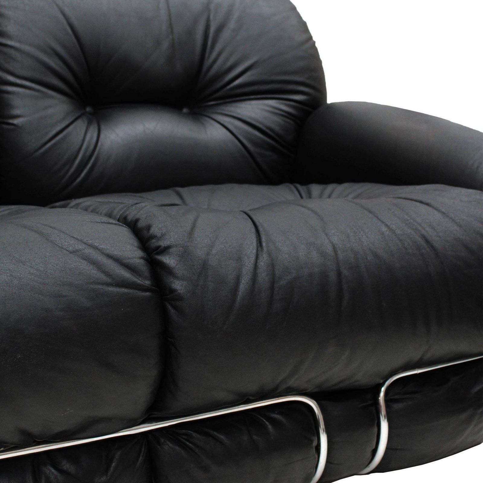 Italian Pair Of Okay Armchairs By Adriano Piazzesi With Black Leather And Steel photo buy