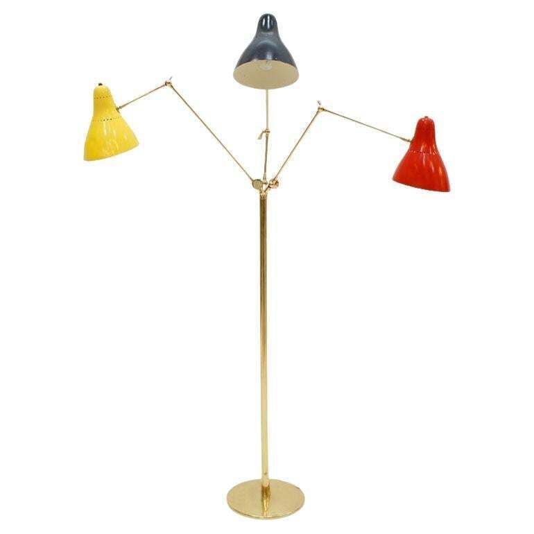 Mid Century Modern Italian Floor Lamp, Made Of Brass With Colored Tulips, 1950