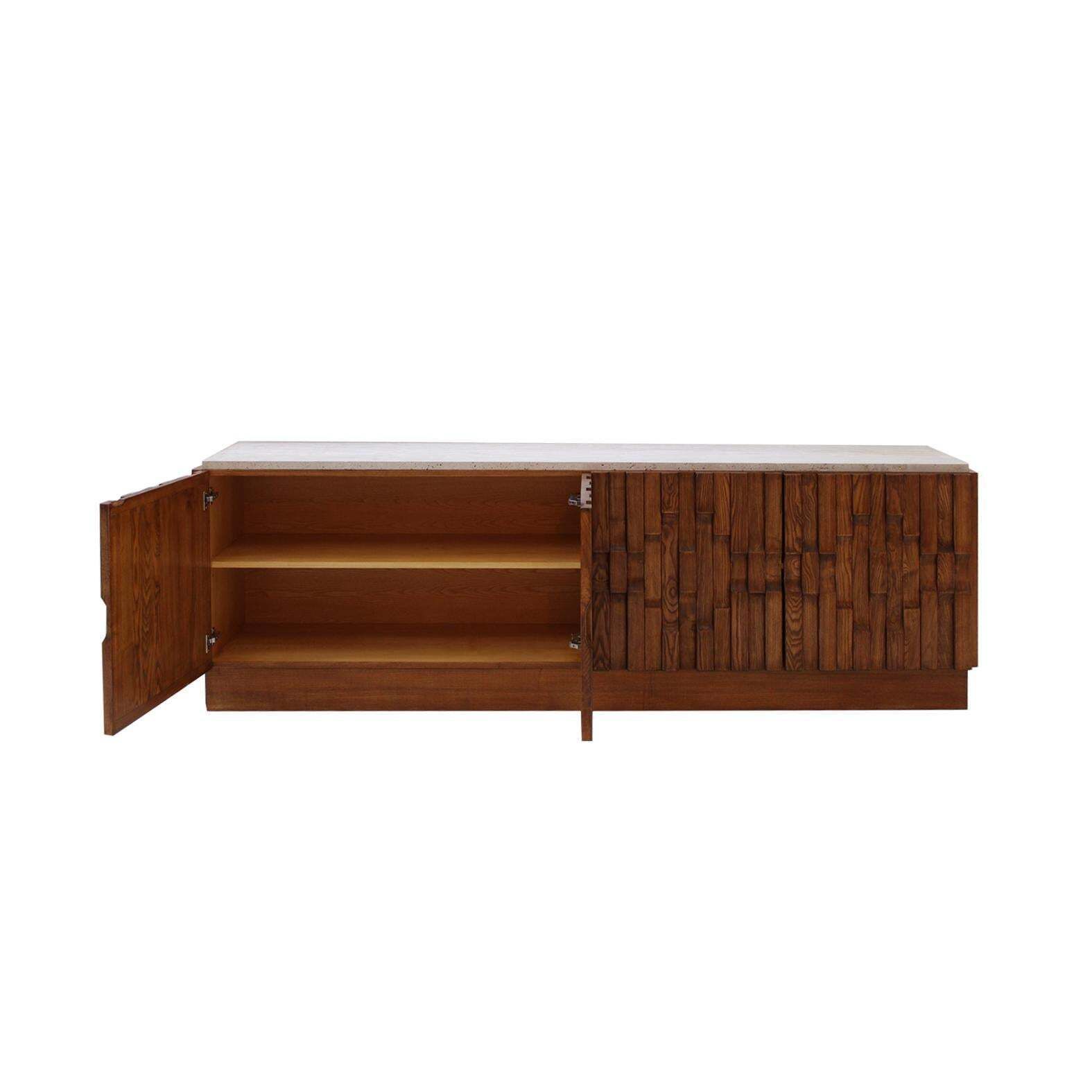 Italian Oak Wood Sideboard With Travertine Marble Top And Hand Carved Patterns photo Furniture