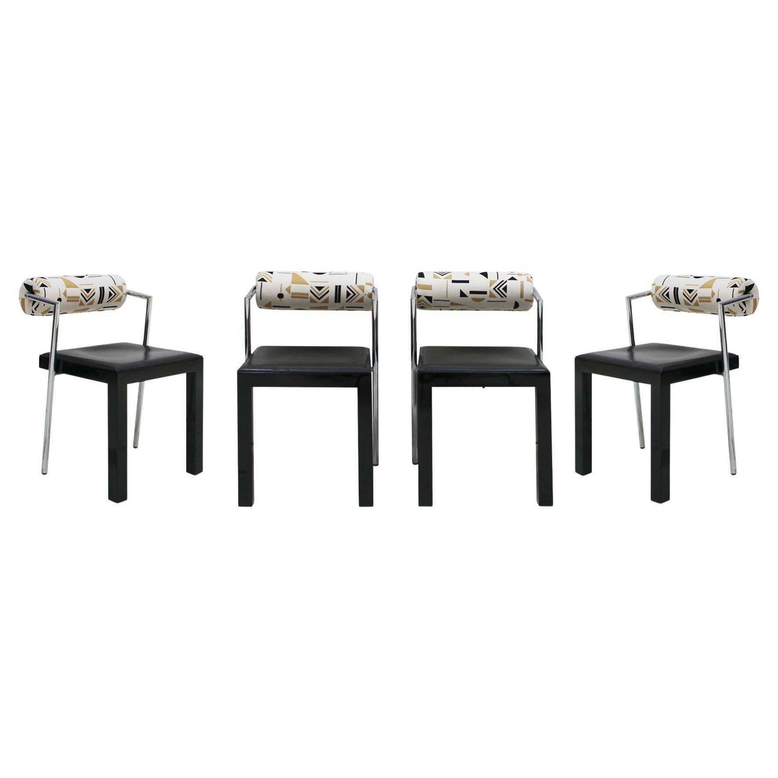 Set Of Four Italian Chairs Edited By Saporiti. Jacquard Back And Leather Seat