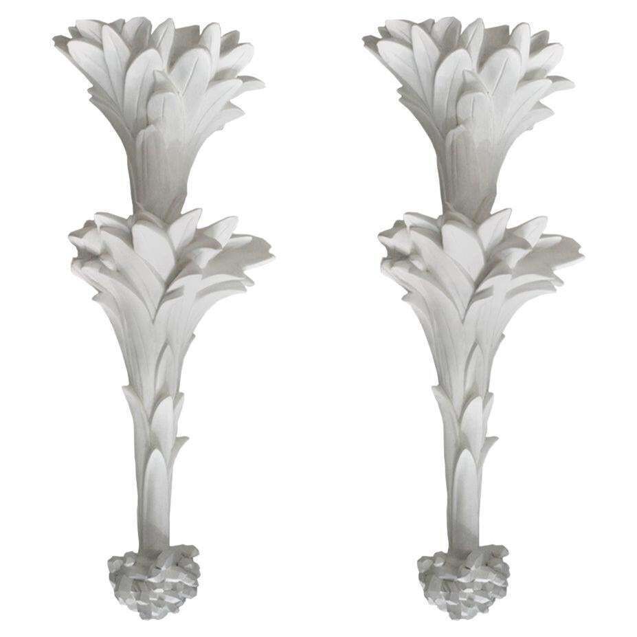 Pair Of White Hand Carved Plaster Sconces In The Style Of Dorothy Draper