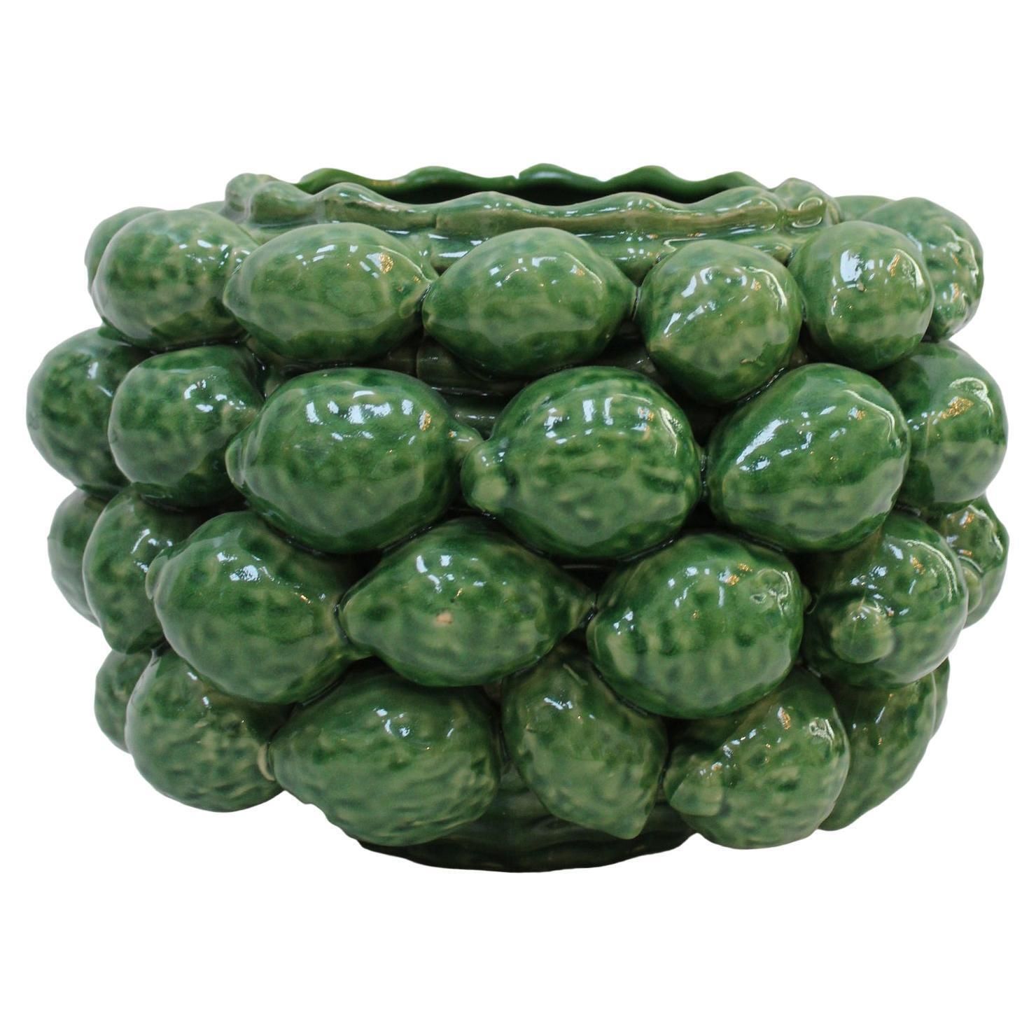 Contemporary Italian Green Ceramic Vase With Fruit Motifs