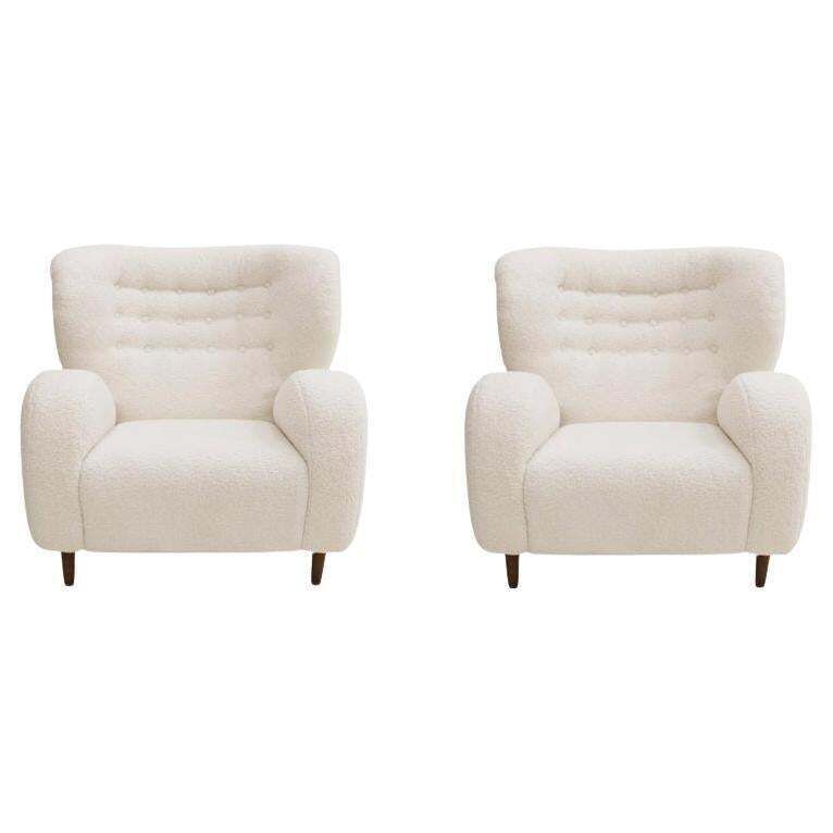 Late 20th Century Wool And Solid Wood Pair Of Armchairs, Norway