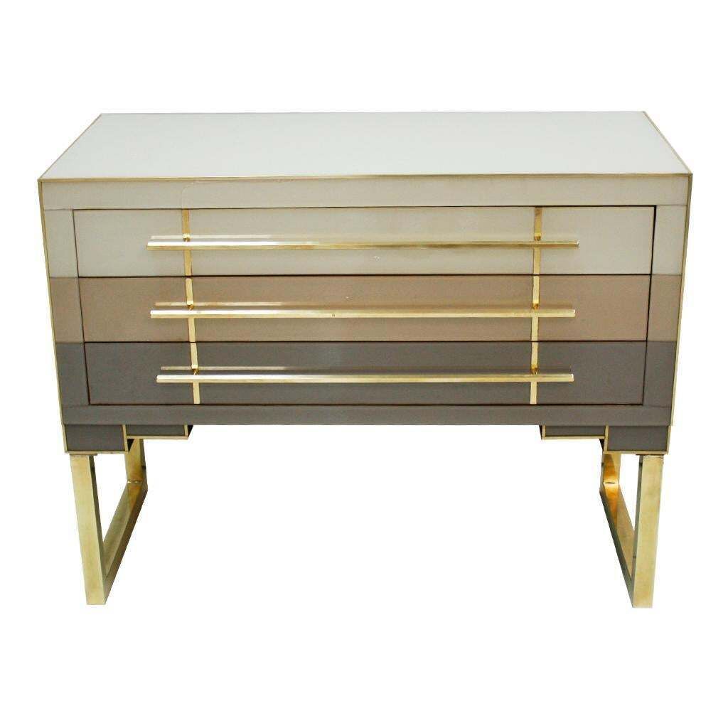 Mid Century Modern Style Murano Glass And Brass Pair Of Italian Commodes photo for sale