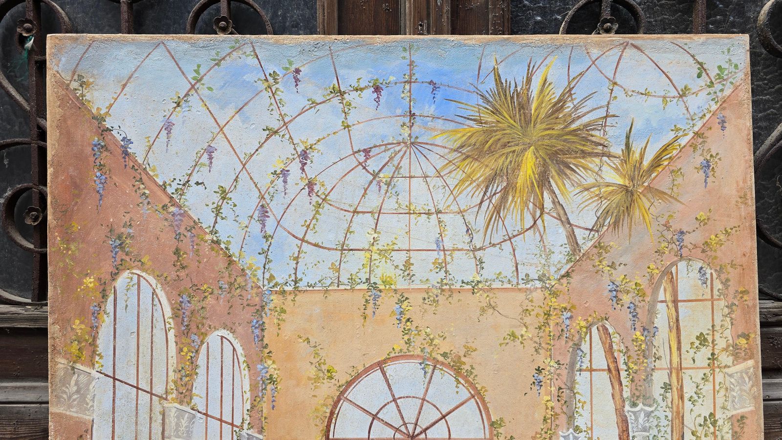 Authentic Italian Fresco Painting Of A Classical Conservatory Garden photo for sale