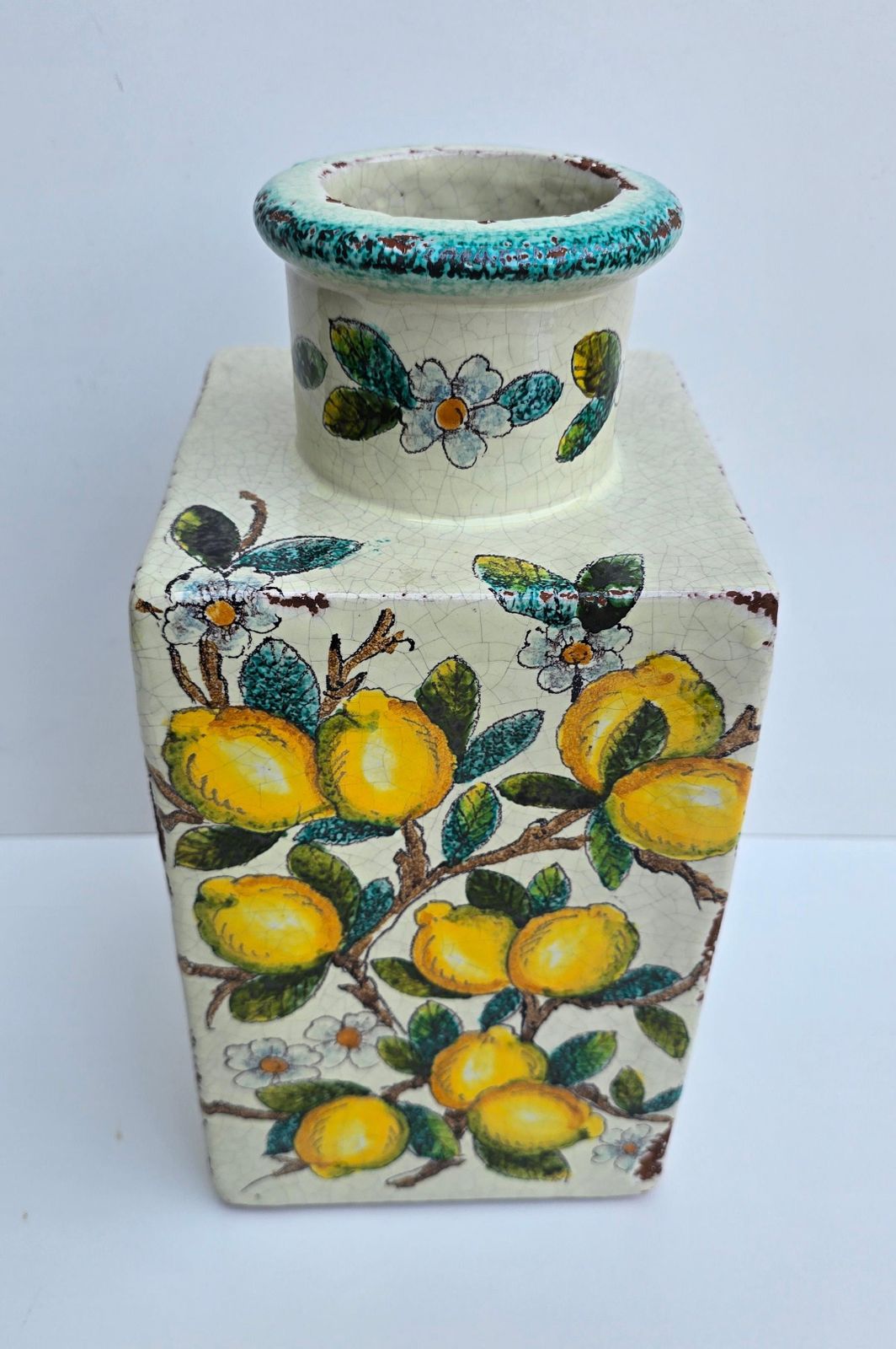 Hand Painted Italian Terracotta Vase With Lemons And Blossoms photo vinterior