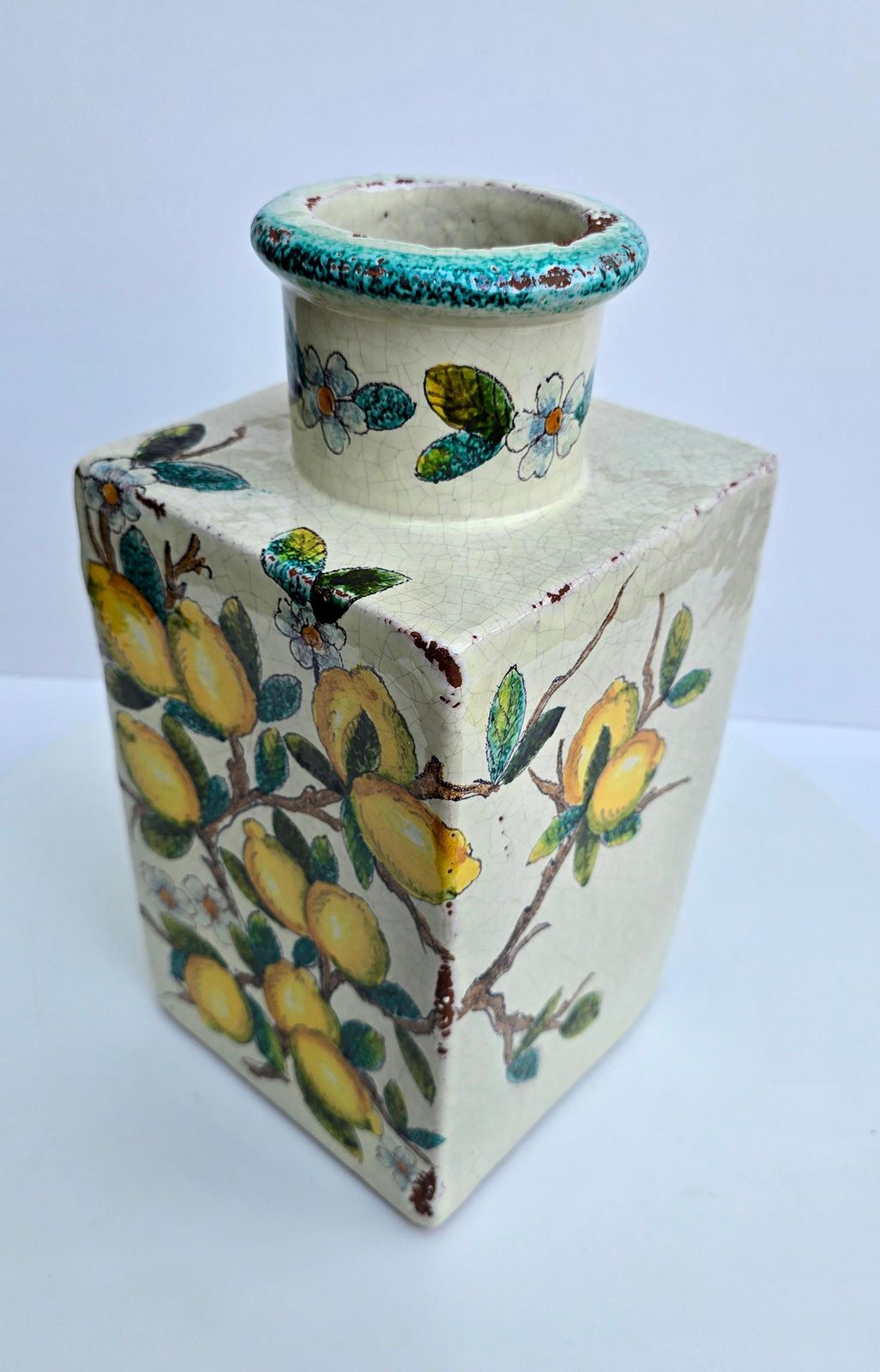 Hand Painted Italian Terracotta Vase With Lemons And Blossoms photo buy
