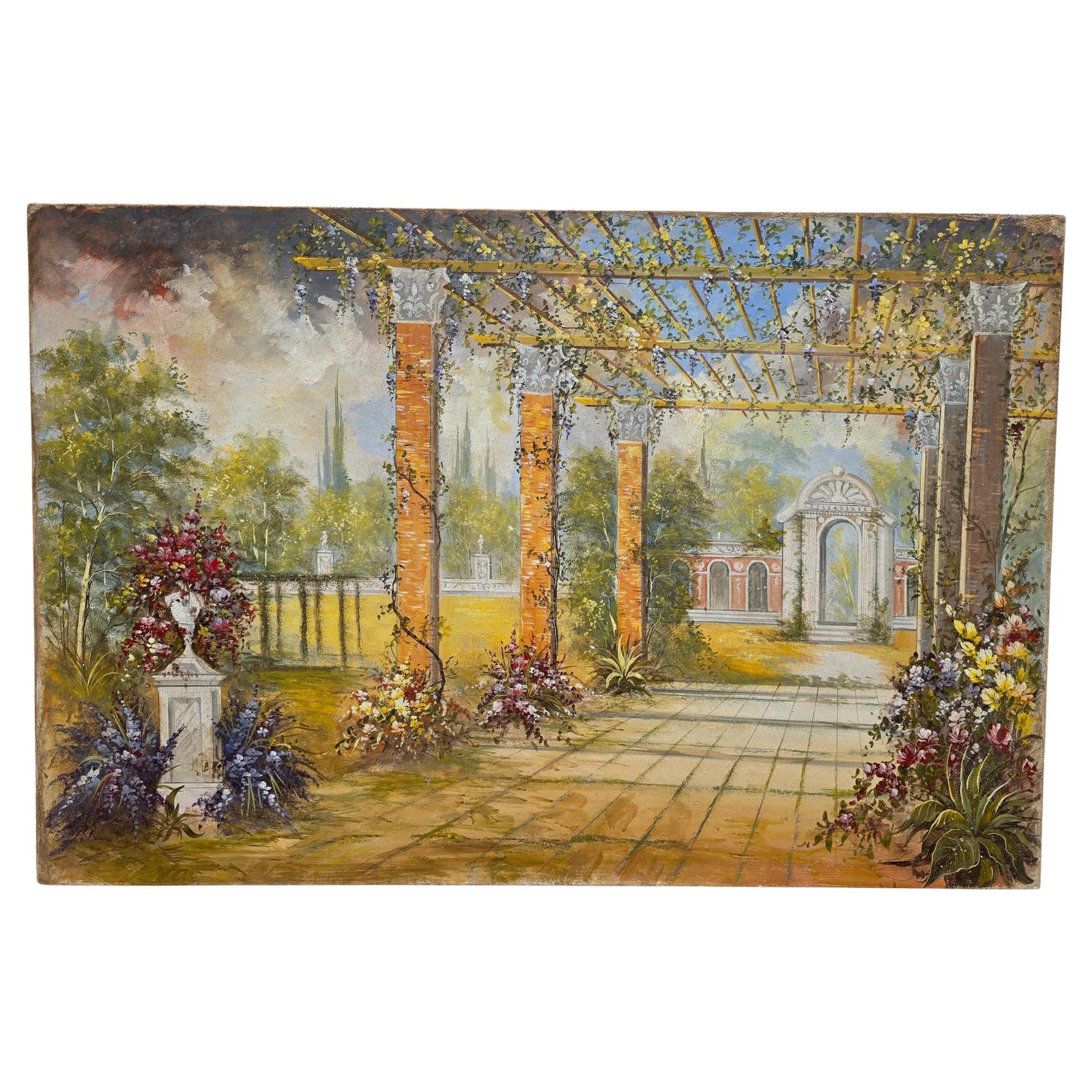 Authentic Italian Fresco On Canvas – “Giardino Con Colonne” Roman Villa Garden