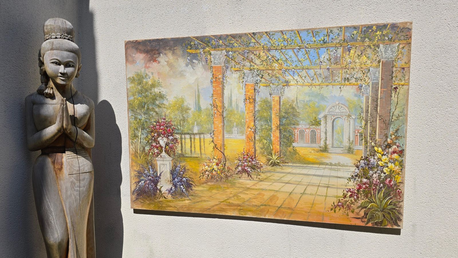 Authentic Italian Fresco On Canvas – “Giardino Con Colonne” Roman Villa Garden photo for sale