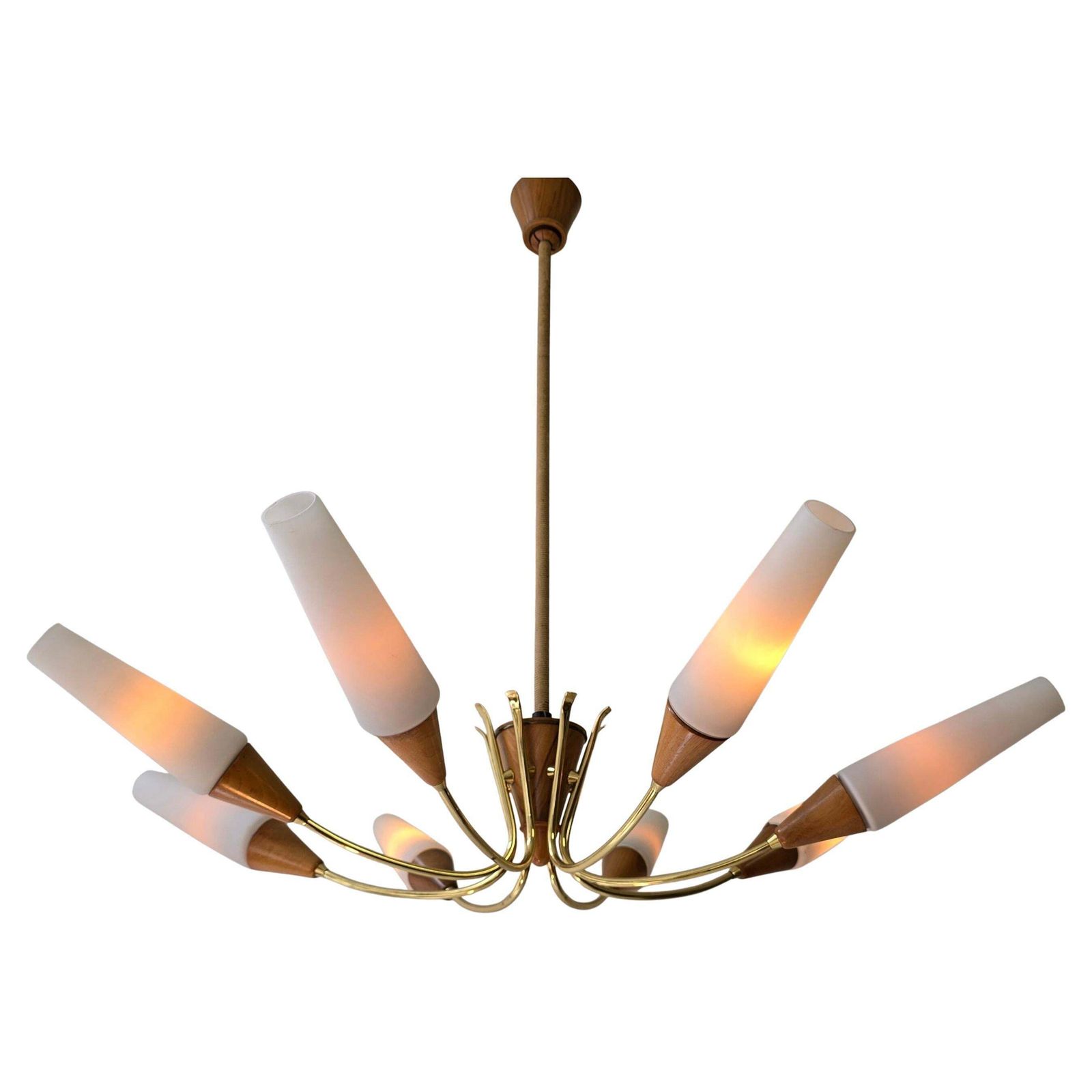 Large 1950s Italian Chandelier In Brass, Glass And Wood photo Lighting
